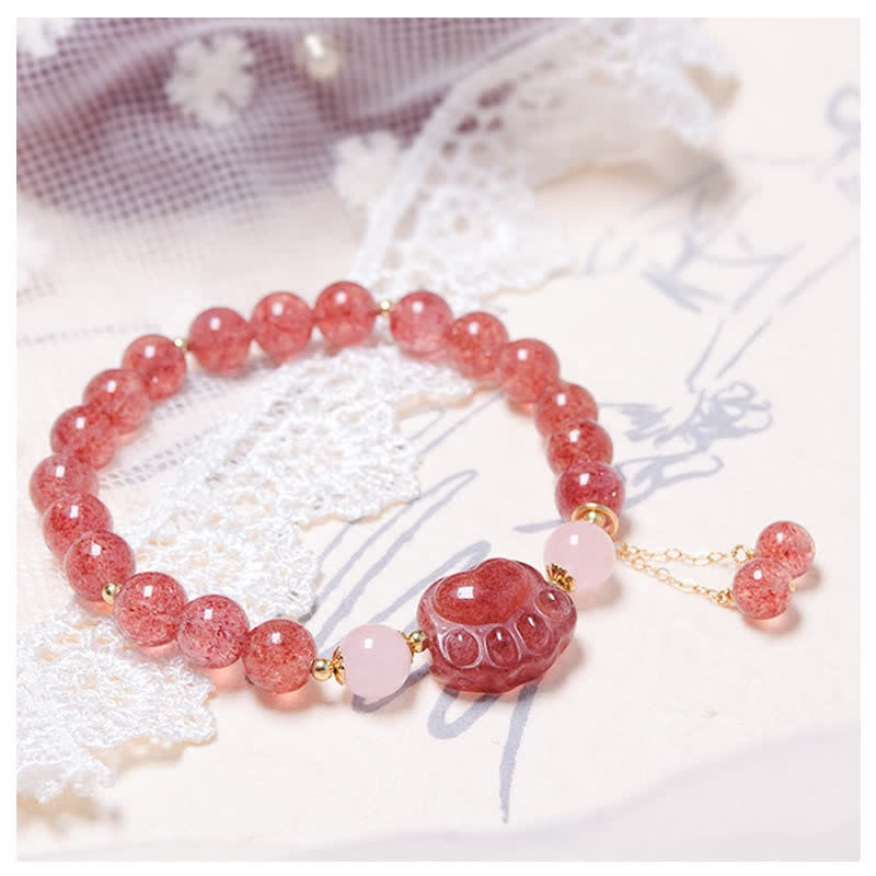 Pulsera de amor con forma de pata de gato de la suerte, cristal rosa, cuarzo fresa Natural, Buddha Stones - image 2