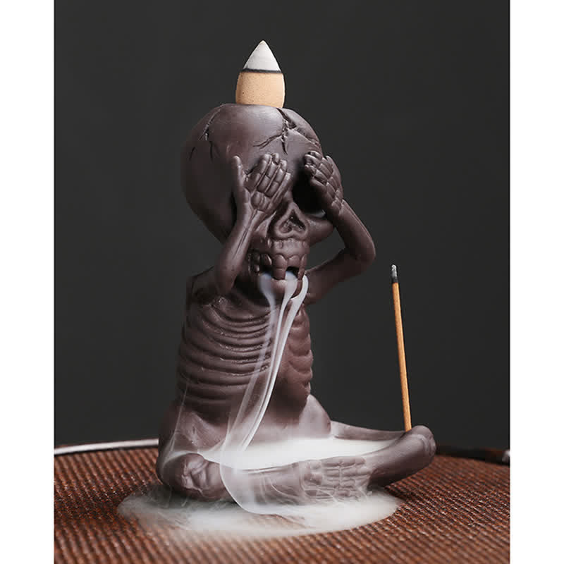 Buddha Stones, pequeño cráneo, fantasma, arcilla púrpura, reflujo de humo, fuente, decoración de quemador de incienso de paz