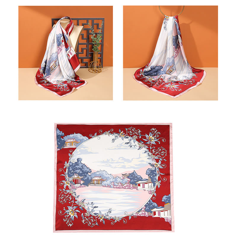 Buddha Stones escena pastoral globo aerostático flor de primavera 100% seda de morera cuello bufanda para el pelo