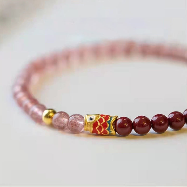 Pulsera curativa de peces Koi de la suerte, cinabrio, cuarzo fresa Natural, Buddha Stones