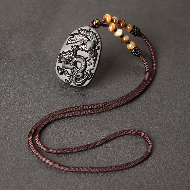 Colgante de collar con cuentas de protección de dragón y fénix de ojo de tigre de obsidiana negra - Cadena de cuentas de obsidiana y ágata - image 4