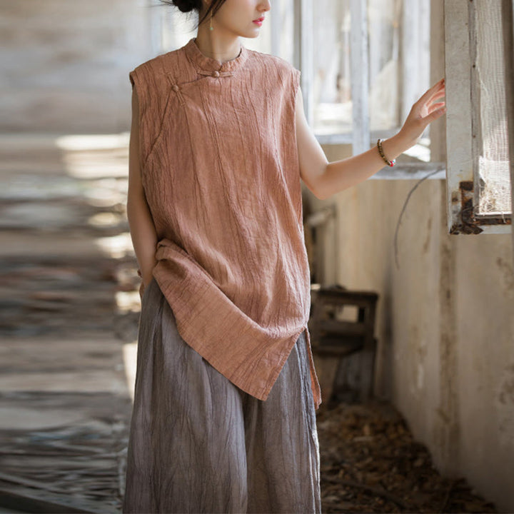 Camiseta sin mangas con botones de rana de lino y ramio teñida anudada hecha a mano con Buddha Stones