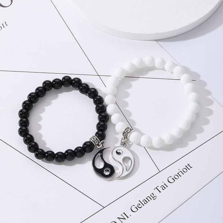 Buddha Stones 2 uds. Pulsera de pareja de protección Yin Yang con cuentas de turquesa blanca y ónix negro