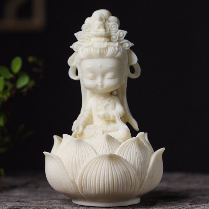 Buddha Stones Mini fruta de marfil Kwan Yin Avalokitesvara Lotus riqueza decoración de escritorio - Pequeño Avalokitesvara 11,2*5,2*4,8 cm - image 0