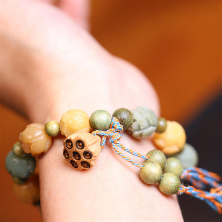 Pulsera de armonía de sabiduría de sándalo verde de loto con semillas de Bodhi de Buddha Stones