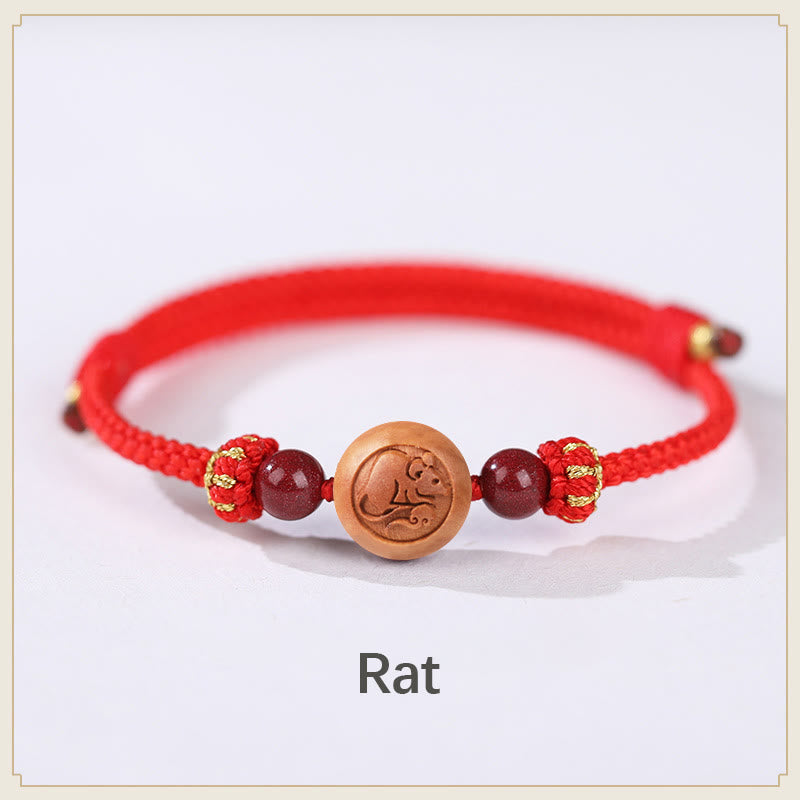 Pulsera de riqueza de cinabrio tallada con carácter del zodíaco chino, madera de melocotón Natural, Buddha Stones - Rojo rata (circunferencia de la muñeca 14-18 cm) - image 1