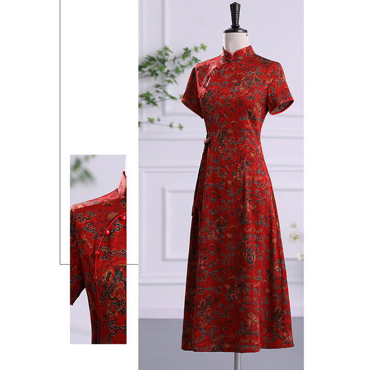 Vestido Cheongsam con estampado de hojas y nubes propicias vintage de Buddha Stones vestido Qipao para mujer
