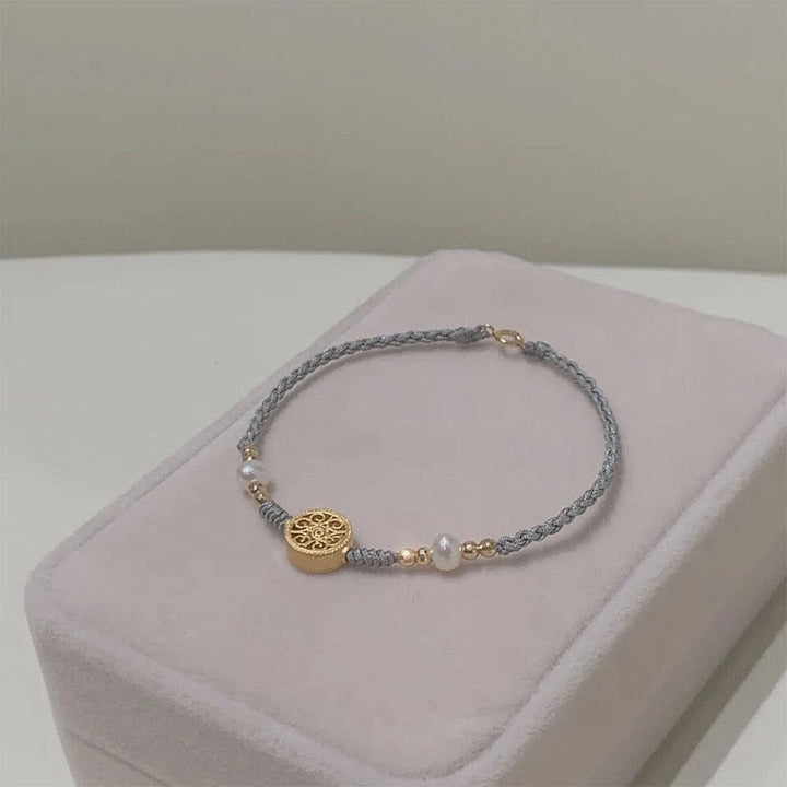 Pulsera trenzada de cuerda azul con Buddha Stones, moneda de cobre, árbol de la fortuna, perla, suerte