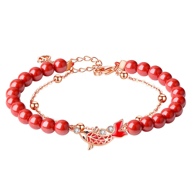 Pulsera de cadena de doble capa de plata de ley 925 con Buddha Stones , pez Koi de la suerte, circonita cinabrio, prosperidad