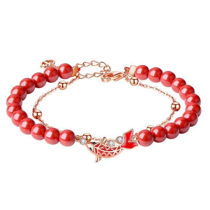 Pulsera de cadena de doble capa de plata de ley 925 con Buddha Stones , pez Koi de la suerte, circonita cinabrio, prosperidad