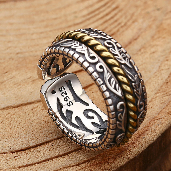 Anillo ajustable de la suerte con diseño de flor de la dinastía Tang de plata de ley 925 con Buddha Stones