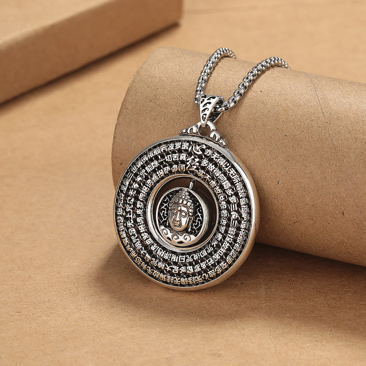Colgante de collar giratorio con diseño de hebilla de paz tallada en Sutra de corazón de Buddha Stones