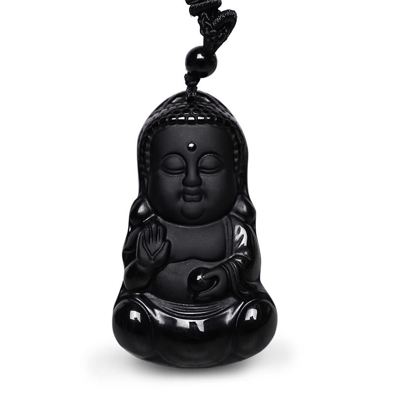 Buddha Stones de cristal de obsidiana negra natural, amuleto de protección de fuerza de Buda, collar con colgante de amuleto de la suerte - image 2