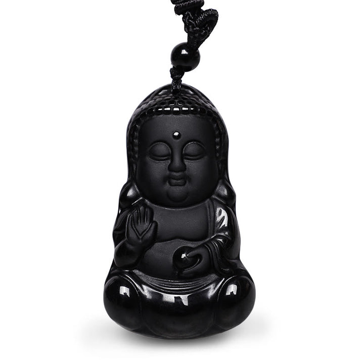 Buddha Stones de cristal de obsidiana negra natural, amuleto de protección de fuerza de Buda, collar con colgante de amuleto de la suerte - image 2