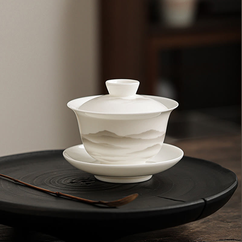 Buddha Stones Pintura De Tinta Vintage Montaña Porcelana Blanca Cerámica Gaiwan Sancai Taza De Té Kung Fu Taza De Té Y Platillo Con Tapa Utensilio De Té Tetera
