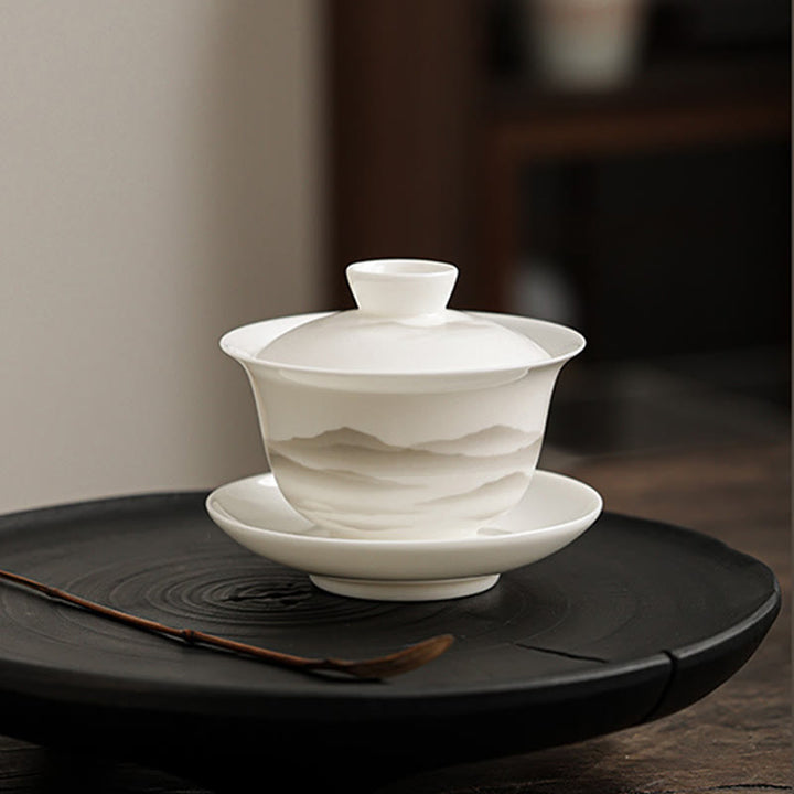 Buddha Stones Pintura De Tinta Vintage Montaña Porcelana Blanca Cerámica Gaiwan Sancai Taza De Té Kung Fu Taza De Té Y Platillo Con Tapa Utensilio De Té Tetera