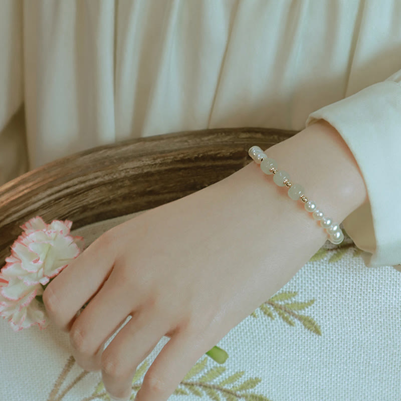 Pulsera de cadena de cuentas de sinceridad de jade blanco de jade cian hetiano con perlas naturales chapadas en oro de 14 quilates