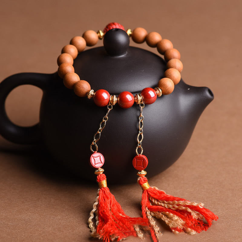 Pulsera de borlas de riqueza PiXiu de cinabrio de madera de melocotón Natural tibetana con Buddha Stones