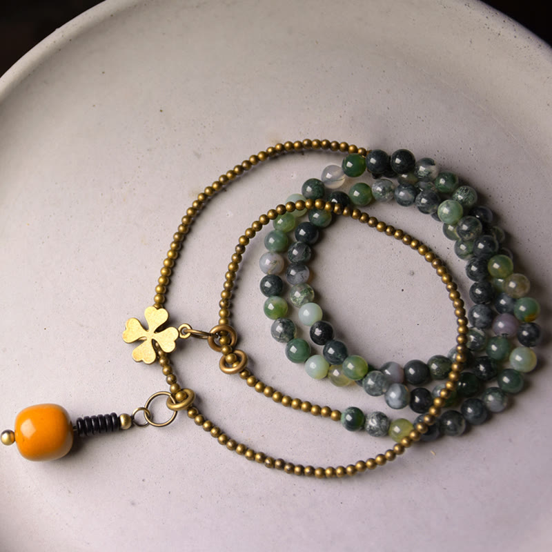 Pulsera multicapa de la suerte de cobre con ágata musgosa y Buddha Stones