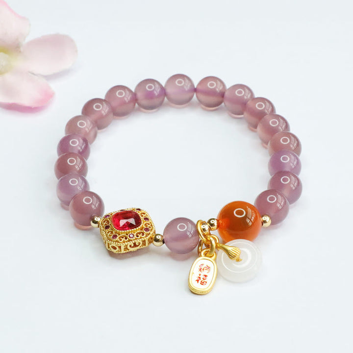 Buddha Stones, Calcedonia púrpura Natural, ágata de caramelo, hebilla de la paz, pulsera con amuleto de la suerte y la armonía
