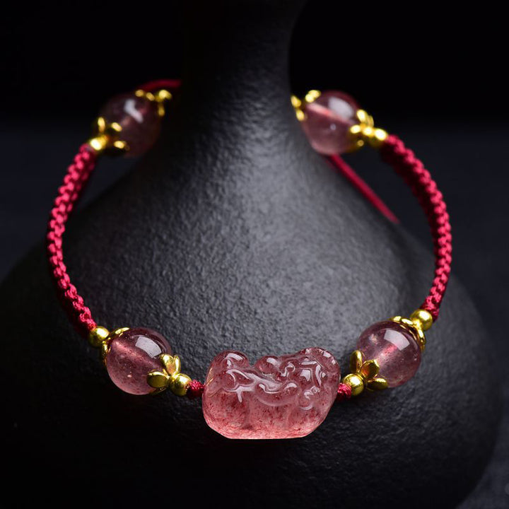 Pulsera de hilo rojo de la suerte con dije de Pixiu de cristal de fresa Natural con Buddha Stones