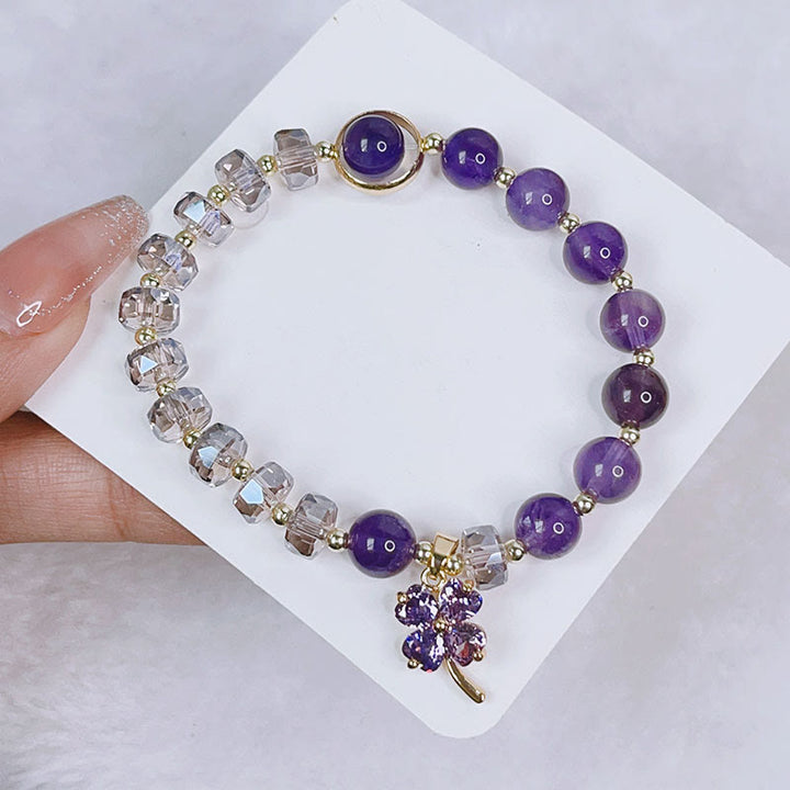 Pulsera con dijes curativos de trébol de cuatro hojas con cristales de amatista y Buddha Stones
