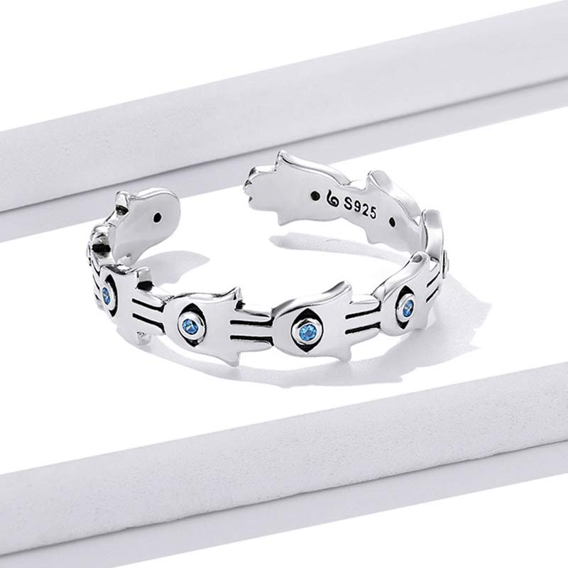 Anillo ajustable con circonita y símbolo de Hamsa de plata de ley 925 con Buddha Stones