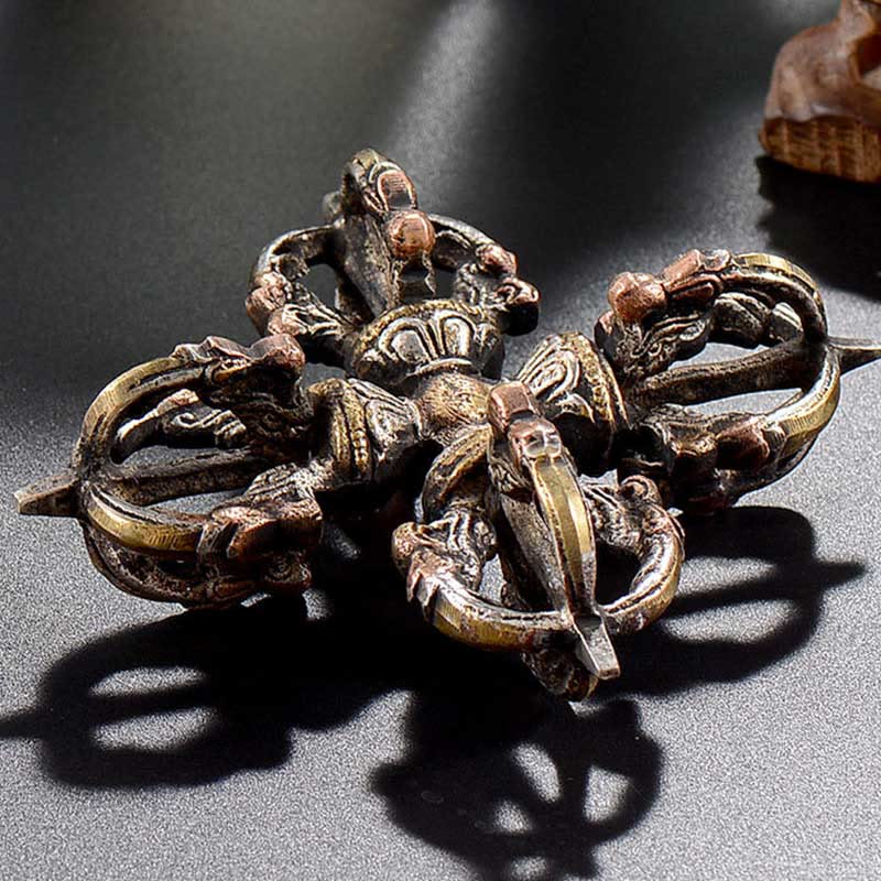 Tibetano hecho a mano 5 puntas doble Dorje cobre hierro Thunderbolt fuerza Vajra