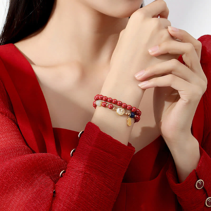 Pulsera de bendición de doble envoltura con carácter Fu de piedra Tridacna de cinabrio de plata de ley 925 de Buddha Stones