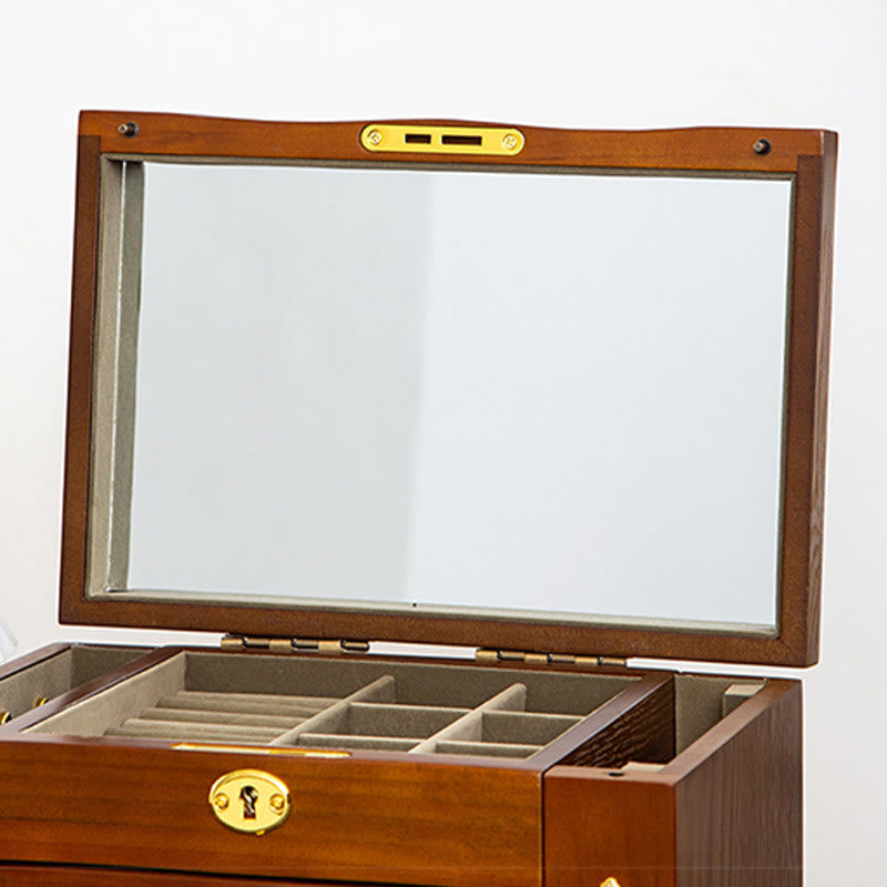 Caja de almacenamiento de joyería de madera de gran capacidad Vintage con Buddha Stones con espejo