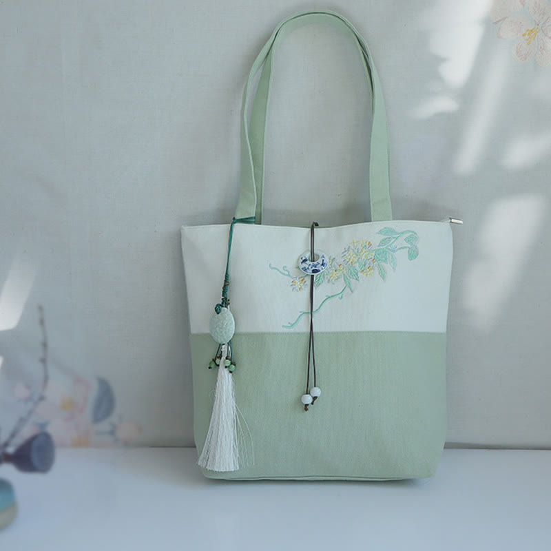 Bolso de hombro de gran capacidad con bordado de bambú, flor de pera, ciruelo, flor de melocotón, bolso de mano