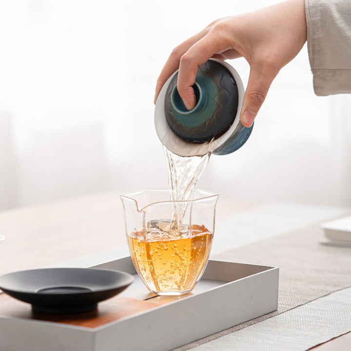 Taza de té de cerámica con gradiente de olas del mar, Retro Azul de Buddha Stones , Gaiwan Sancai, taza de té de Kung Fu y platillo con tapa