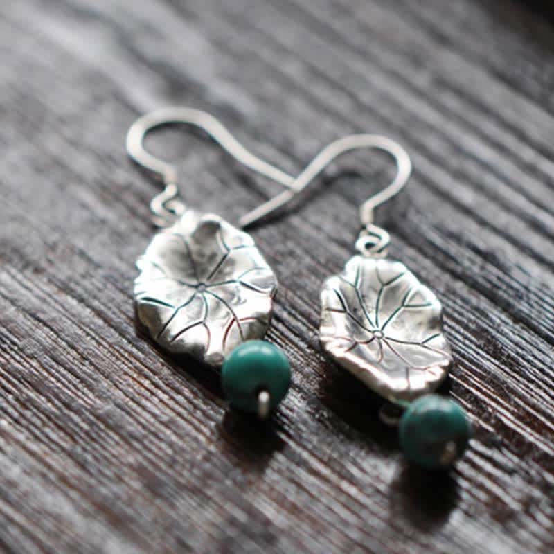 Pendientes colgantes de plata de ley 925 con protección de hoja de loto turquesa