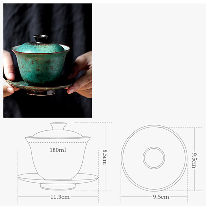 Taza de té y platillo de cerámica con esmalte verde Retro , Buddha Stones , Gaiwan Sancai, Kung Fu, con tapa