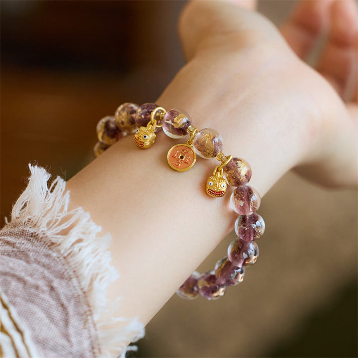 Buddha Stones, bestia tragadora de oro, moneda de cobre, amuleto de buena suerte, pulsera de fortuna con cuentas de vidrio Liuli