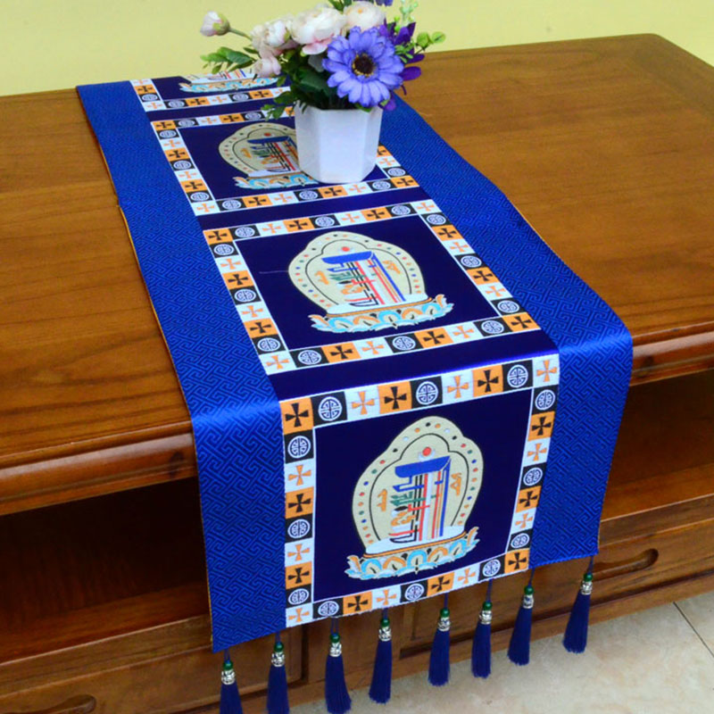 Tapete para altar de oración con Buddha Stones , Man-Bcu, Kalachakra, nudo sin fin, Vajra, símbolos propicios tibetanos, camino de mesa con borlas