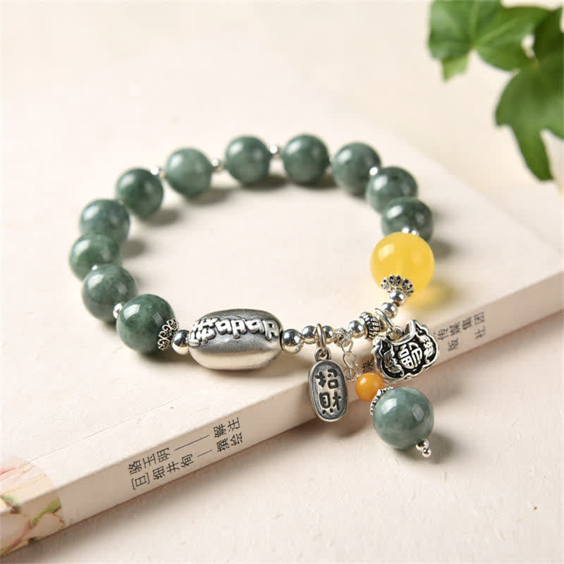 Pulsera de éxito de ámbar, jade cian y plata de ley 925