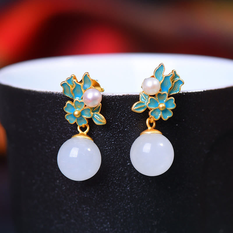 Buddha Stones Jade blanco Plata de ley 925 Perla Flor Bendición Collar Colgante Anillo Pendientes