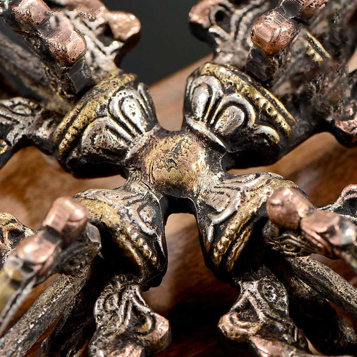 Tibetano hecho a mano 5 puntas doble Dorje cobre hierro Thunderbolt fuerza Vajra