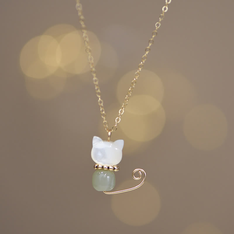 Collar con colgante de gato y gatito de la suerte, concha de jade hetiano, perla chapada en oro de 14 quilates con Buddha Stones - image 6