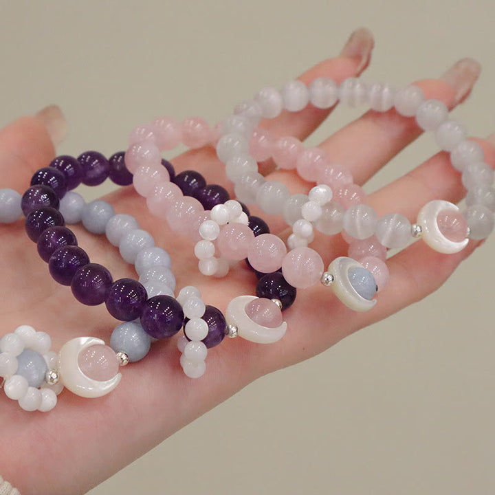 Pulsera de plata de ley 925 con Buddha Stones, amatista natural, aguamarina, cristal rosa, ojo de gato, luna creciente curativa