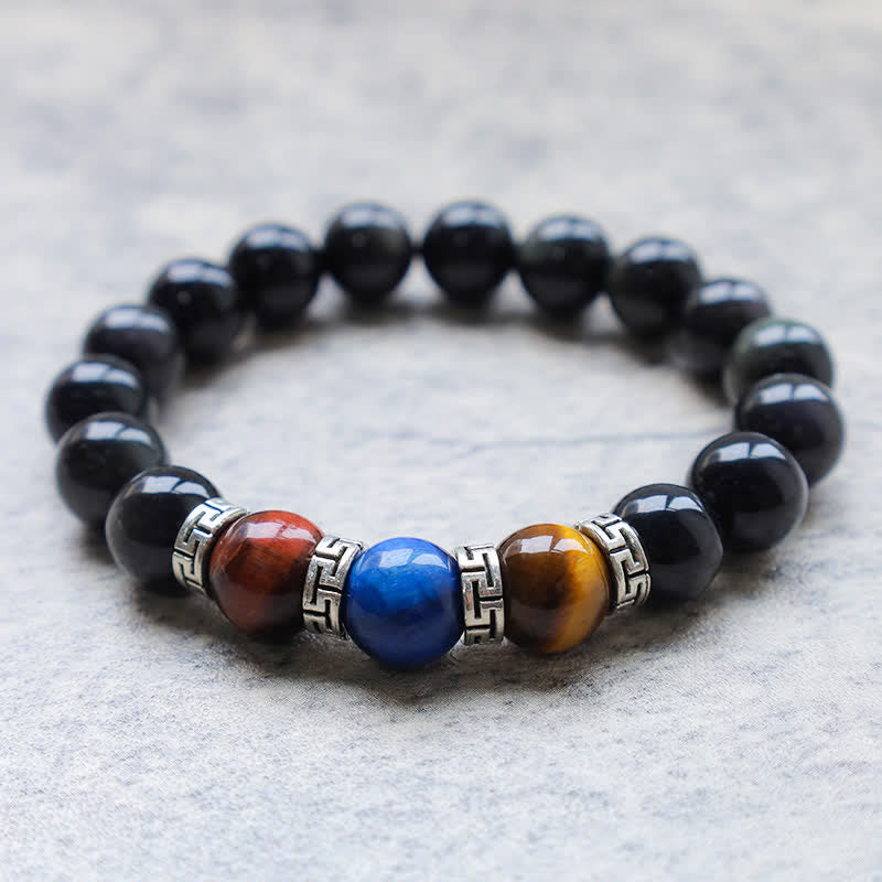 Pulsera de fuerza de ojo de tigre tricolor de obsidiana negra natural