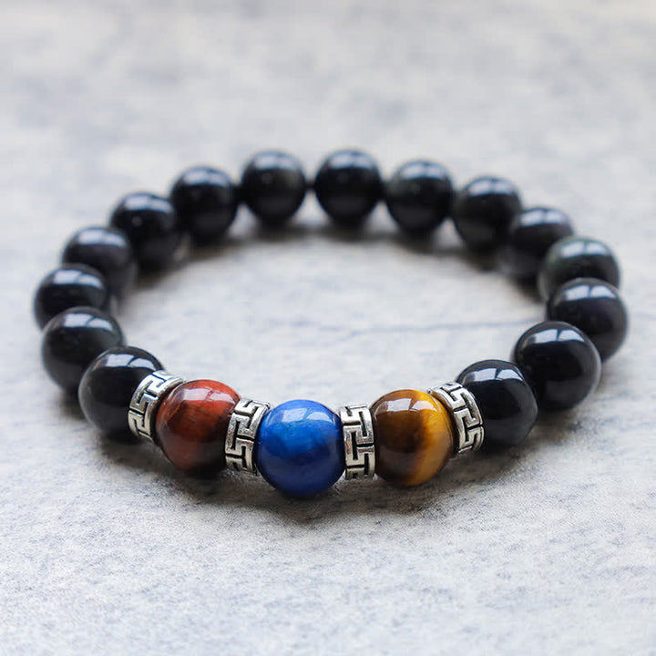 Pulsera de fuerza de ojo de tigre tricolor de obsidiana negra natural