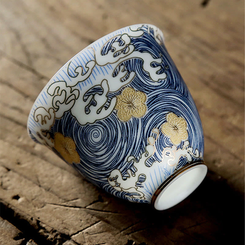 Tazas de té de cerámica con ondas del océano y el mar Vintage de Buddha Stones