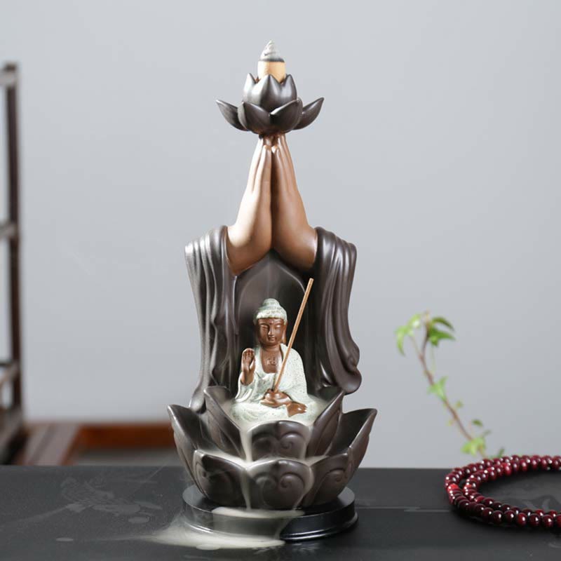 Quemador de incienso de reflujo de bendición de loto de cerámica de Buda Avalokitesvara Chenrezig Ksitigarbha
