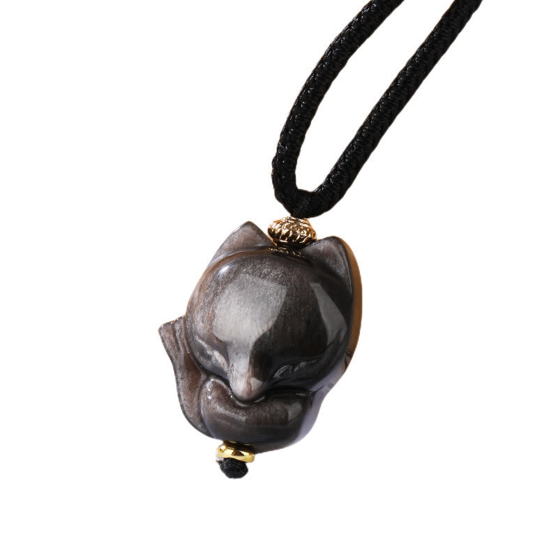 Colgante de collar de protección de zorro de nueve colas de obsidiana brillante de plata natural con Buddha Stones