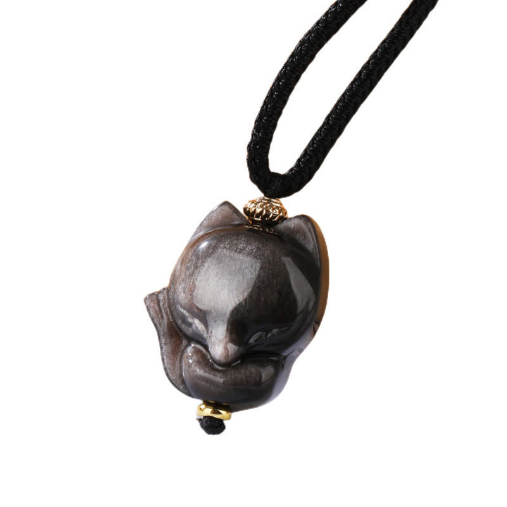 Colgante de collar de protección de zorro de nueve colas de obsidiana brillante de plata natural con Buddha Stones