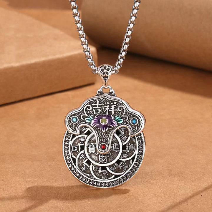 Colgante de collar de riqueza con monedas de cobre, flor de peonía , Buddha Stones
