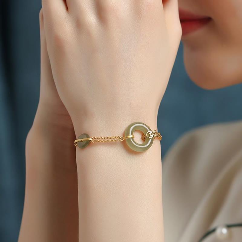 Pulsera de cadena de prosperidad auspiciosa con personaje Fu de calabaza con hebilla de paz redonda de Jade