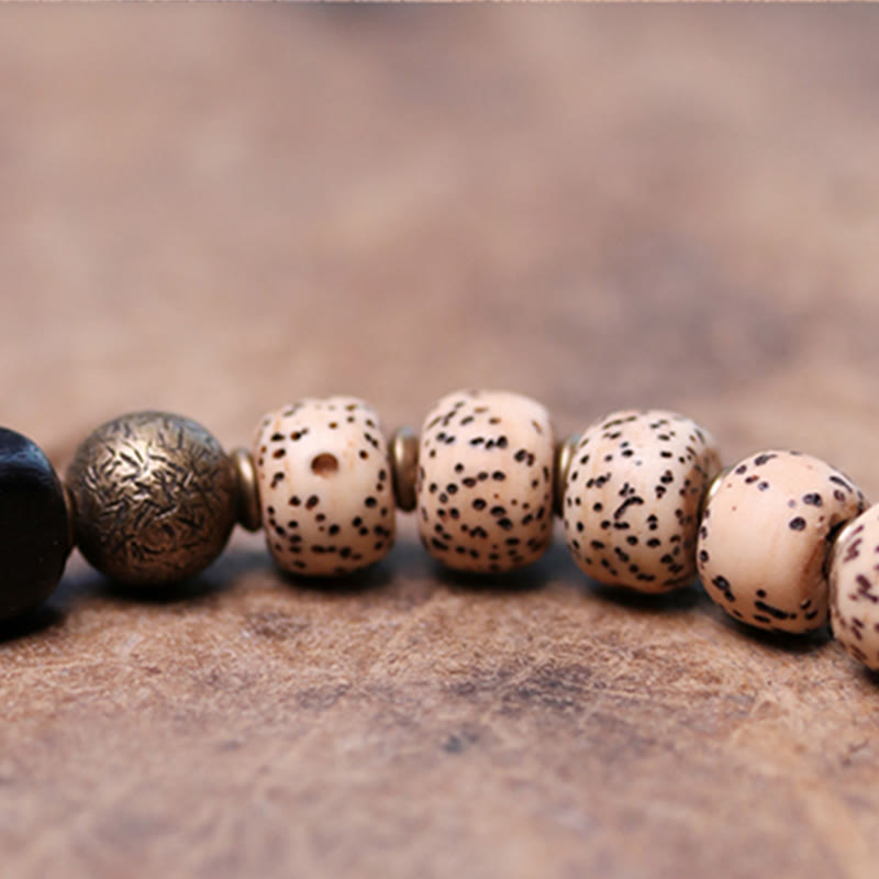 Pulsera de paz de cobre y madera de ébano, obsidiana negra, semilla de Bodhi tibetana, Buddha Stones
